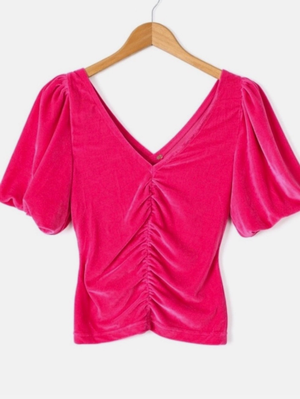 Free People Hot Pink Velvet Ruched Puff-Sleeve V-Neck Blouse